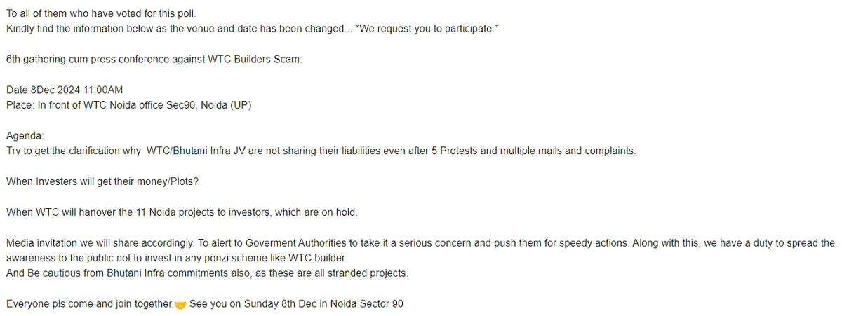 wtcInvestorsW47's tweet photo. ***IMPORTANT***
🚨 Join the Fight Against WTC Builders Scam!
📢 6th Protest & Press Conference
🗓️ Date: 8th Dec 2024, 11:00 AM
📍 Venue: In front of WTC Noida Office, Sec 90, Noida (UP)
Let's stand united for justice! ✊
#WTCScam #InvestorRights #NoidaProtest https://t.co/ktNUKkmGPW