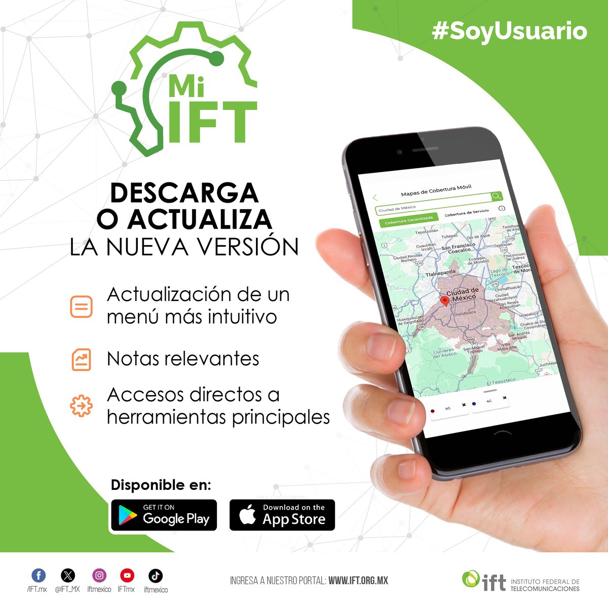 IFT_MX's tweet photo. Ahora podrás tener nuestras #HerramientasIFT en tu celular.
Descarga nuestra renovada app #MiIFT y accede a: 
📬#SoyUsuario 
🛜Conoce tu velocidad 
🗺️Mapa de Cobertura 
📝Comparador de #Contratos 
📈Simulador 
📲Portabilidad 
🔗 https://t.co/gL4boovky0 
🔗 https://t.co/j7k5HeAJYd https://t.co/xbYQy4W0uZ