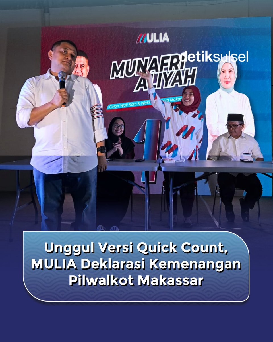 detiksulsel_'s tweet photo. Paslon wali kota dan wakil wali kota Makassar nomor urut 1 Munafri 'Appi' Arifuddin-Aliyah Mustika Ilham (MULIA) mendeklarasikan kemenangan setelah unggul dalam hasil hitung cepat Pilwalkot Makassar 2024. 

>> https://t.co/6ecuCFSZMG
#pilkadamakassar #MULIA #makassar #detikSulsel https://t.co/AoynsZD3hi
