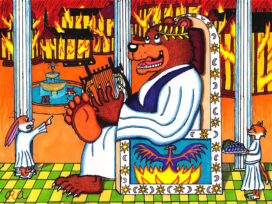 Nero promises to make Rome Great Again to his faithful servants as the city burns to the ground!