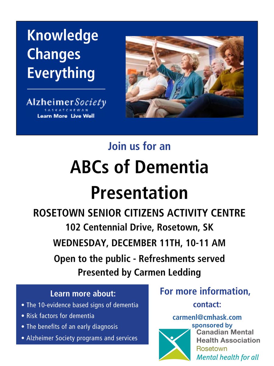 Join us on Dec. 11 to learn more about the signs and risk factors associated with dementia.   A great opportunity to learn about our Caregiver Support Group.  #cmharosetown #caregiversupport