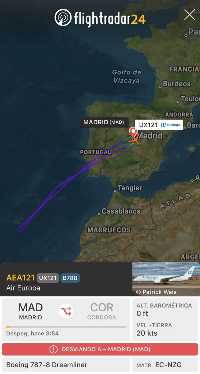 El UX121 MAD - COR se volvió / desvió  a Madrid tras 2 horas de vuelo
<a href="/SpottersArg/">Vuelos y Spotters ✈</a>
