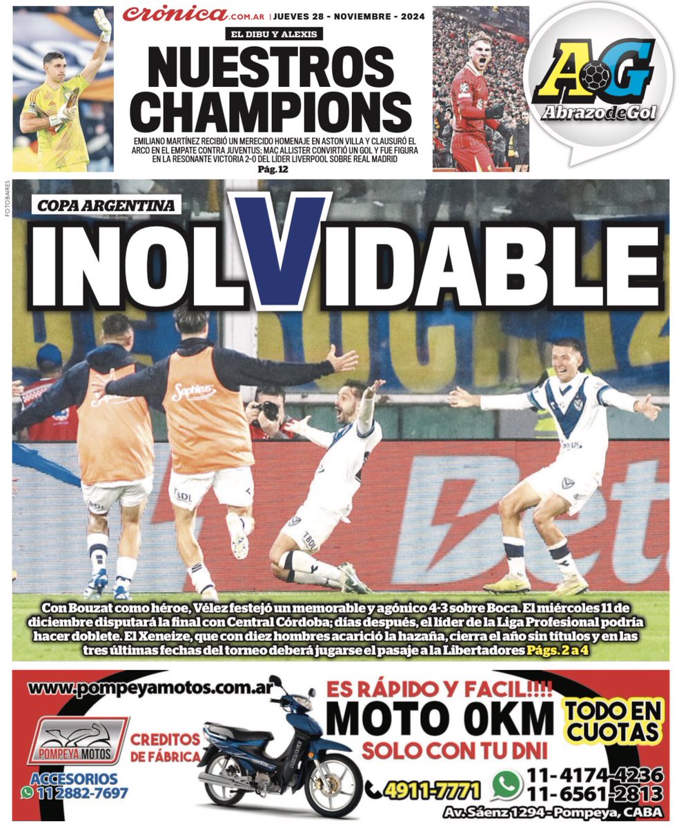 Tapa de Abrazo de Gol en <a href="/cronica/">۟</a> 
#Vélez #CopaArgentina