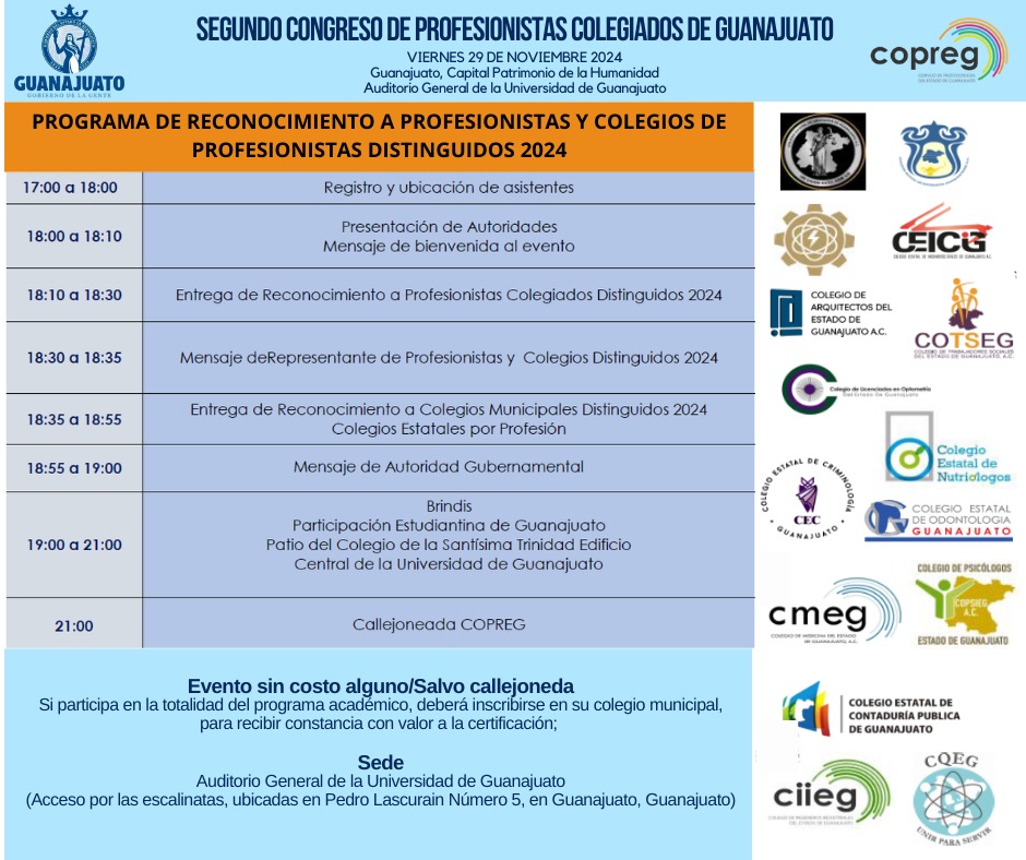 antoniosilva61's tweet photo. Este 29 de noviembre  en el auditorio principal de la Universidad de Guanajuato se llevará a cabo el 2o CONGRESO DE PROFESIONISTAS COLEGIADOS DE GUANAJUATO.
 Agradezco desde ahora la oportunidad de recibir el reconocimiento como Profesionista Colegiado Distinguido 2024 https://t.co/KxAGrZwmuG