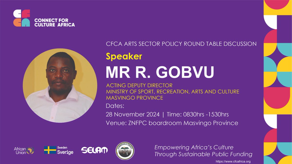 Join us today for a Round table discussion in Masvingo ! As we shape the future of the  Arts Sector.
<a href="/culturefundzim/">Culture Fund</a> <a href="/MthuliNcube/">Prof. Mthuli Ncube</a> nick mangwana <a href="/TateMavetera/">Hon Tatenda.A. Mavetera</a> 
#1percentforculture
#SustainablePublicFunding
#ConnectforCultureAfrica
#ChenhakaTrust