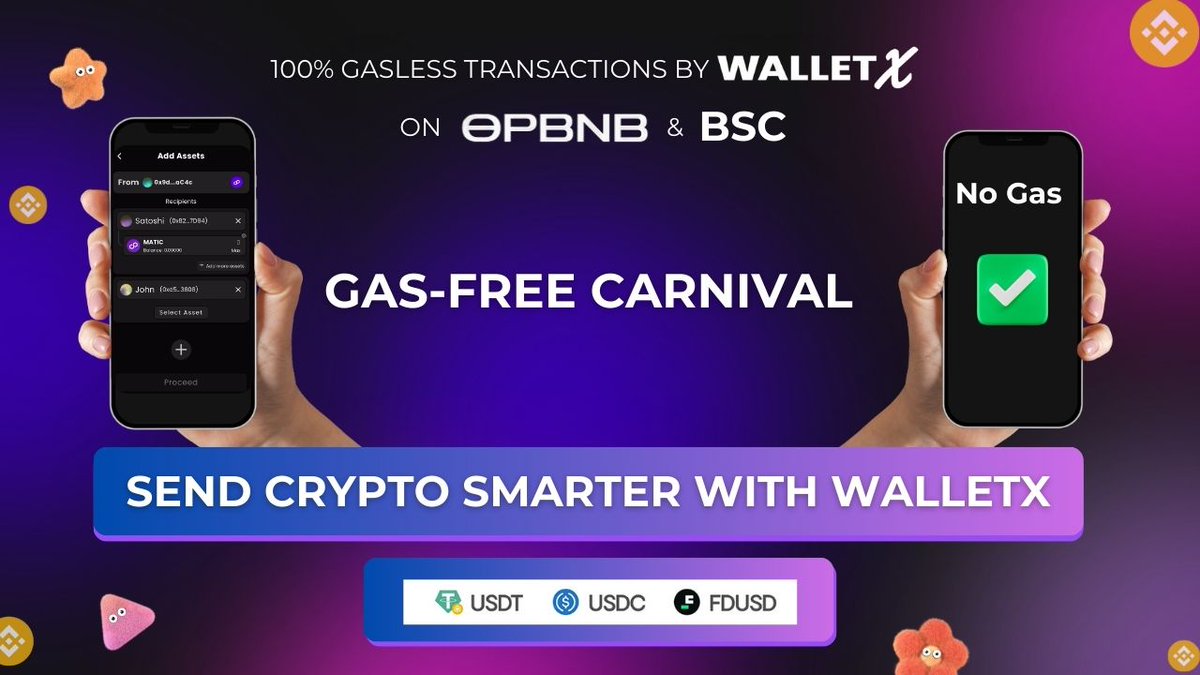 BNBCHAIN's tweet photo. The Gas-Free Carnival isn't over yet! 👀 

You can now enjoy even more zero fees on stablecoin transactions with @getWalletX!

Send $USDT, $FDUSD &amp; $USDC with zero fees using BSC or opBNB!

Full details 👇 
https://t.co/Tt9cn4AUjs