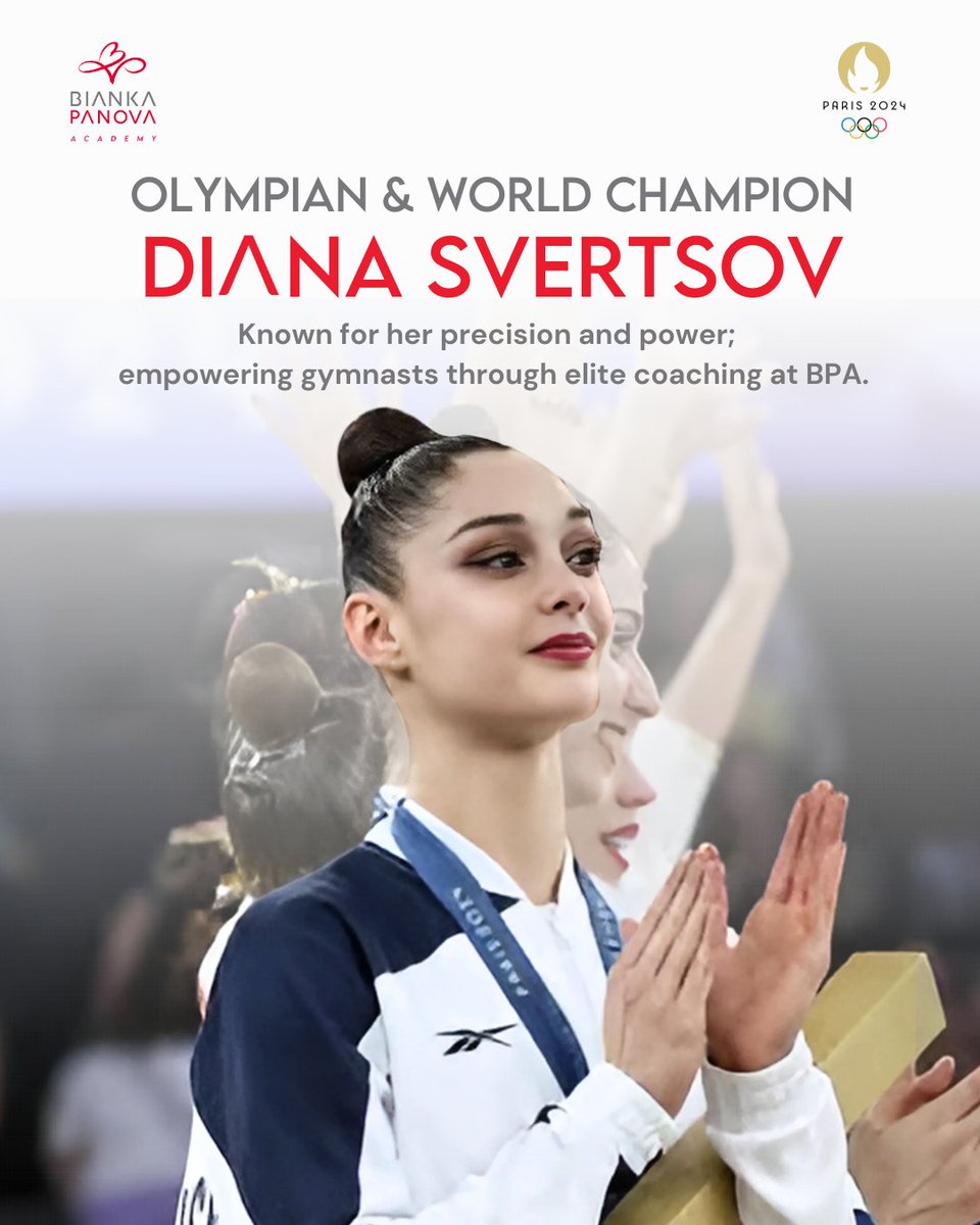 BPanovaAcademy's tweet photo. Meet Coach Diana! ✨

A Gold Medallist at the 2022 European Championships, 2024 Paris Olympics Silver Medallist, and two-time World Champion, her grace and precision shine as both gymnast and coach!

Show her love and stay tuned for more! 💕

#BiankaPanovaAcademy #DianaSvertsov https://t.co/j3cVId5P8e