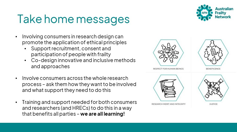 Dr Kristiana Ludlow (@ludlowkristiana) on Twitter photo A great consumer session at <a href="/HealthTQld/">Health Translation Queensland</a> 5th National HREC Conference!
I presented with <a href="/dr_am_young/">Adrienne Young AdvAPD</a> and our consumer collaborators Anja Christoffersen and Mary Denver on <a href="/AusFrailty/">Australian Frailty Network</a>'s consumer collaboration, navigating challenges in ethics applications, and meaningful co-design. A great consumer session at <a href="/HealthTQld/">Health Translation Queensland</a> 5th National HREC Conference!
I presented with <a href="/dr_am_young/">Adrienne Young AdvAPD</a> and our consumer collaborators Anja Christoffersen and Mary Denver on <a href="/AusFrailty/">Australian Frailty Network</a>'s consumer collaboration, navigating challenges in ethics applications, and meaningful co-design.