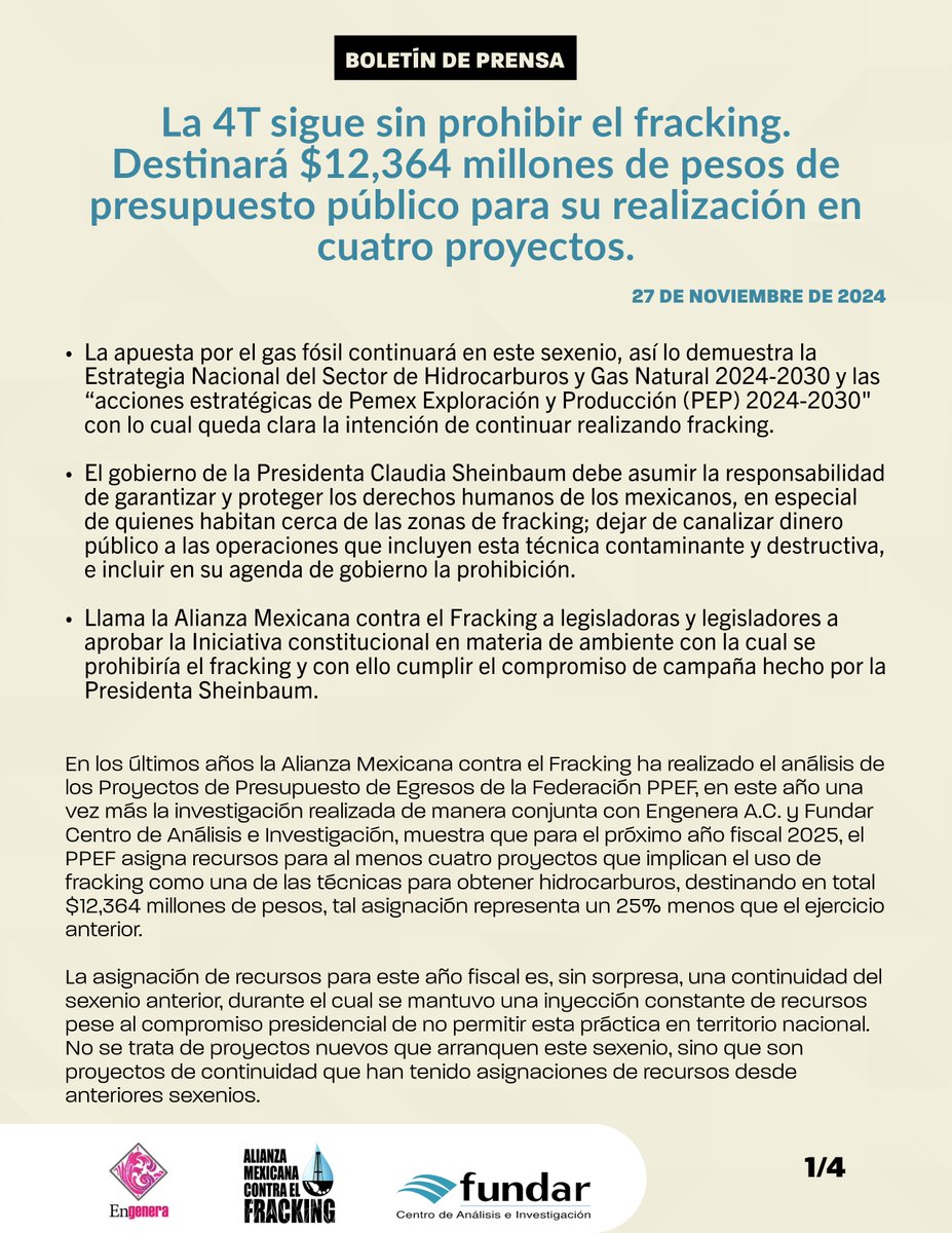 NoFrackingMx's tweet photo. 📰 | Comunicado
🚨 La 4T sigue sin prohibir el fracking. Destinará $12,364 millones de pesos de presupuesto público para su realización en cuatro proyectos. 🚨

📣Urge que la Presidenta @Claudiashein cumpla su promesa de campaña y que la  @MX@Mx_Diputados #ProhibanElFrackingYa https://t.co/OZKVvdMWWe