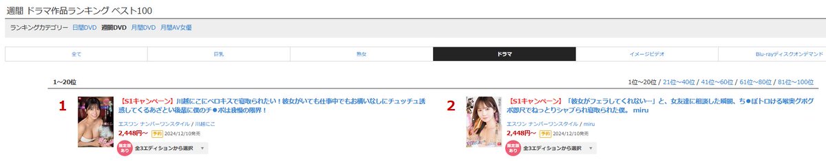 【🌹2週連続1位獲得🌹】

💫週間 DVD 1位(11/13~11/20)
S1 PRECIOUS GIRLS 2024（BD）
https://t.co/ifBT3mg6TB

💫週間 2位
【数量限定】「彼女がフェラしてくれない…」と、女友達に相談した瞬間、ち●ぽトロける... 生写真3枚付き
https://t.co/LKo5d6UwPn

#miru #PR @miruteer_29 @miru_bibi https://t.co/qVV1ytAkdX