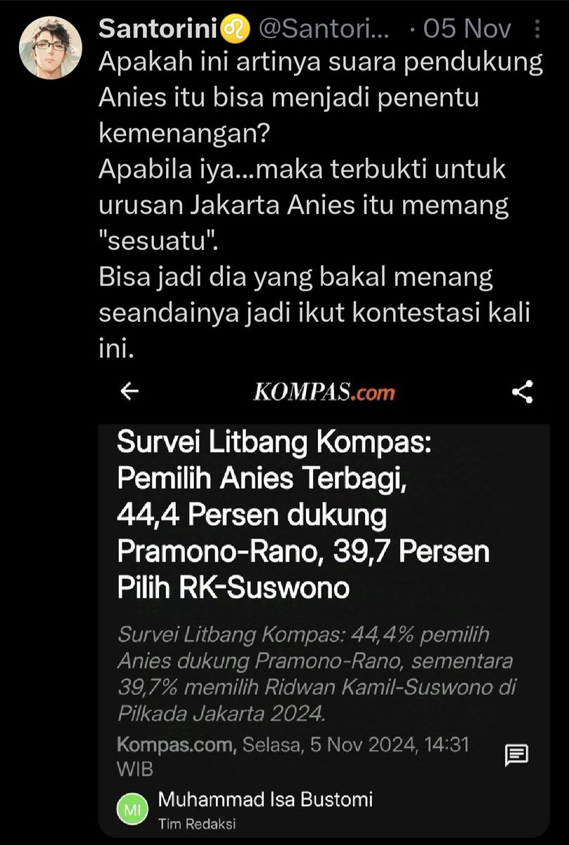 SantorinisSun's tweet photo. Harus diakui &amp; ga bisa dipungkiri...
Dukungan Anies beserta pengikutnya menjadi salah satu penentu kemenangan sementara di quick count paslon Pramono-Rano.
Jakarta itu memang "ada Aniesnya"...kenyataan gitu.
#JujurItuHarus https://t.co/LaUdbxqisz