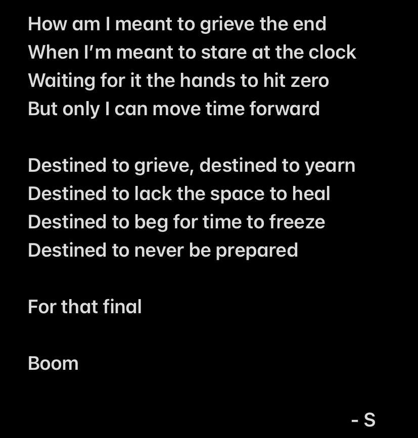 depthsofneptune's tweet photo. Chat,, I wrote a poem about how the struggles of feeling like you’re running out of time. Very much based on my own experiences, based on love, based on health, based on grief. And honestly,, timebomb had a bit of inspiration

I wanna make a full artistic piece with it eventually https://t.co/xRdasuF4Fv