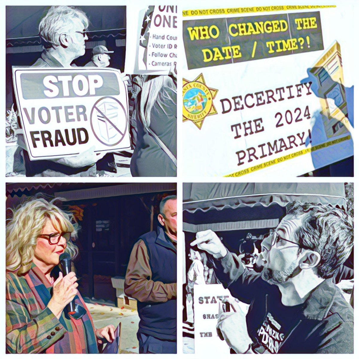 Unhinged Shasta County #California #MAGA activist election denier Patty Plumb calls for citizens to hand count ballots at a Redding Civic Auditorium pizza party because the election "could possibly be manipulated by China." Counter-protesters disagree. anewscafe.com/2024/11/27/red…