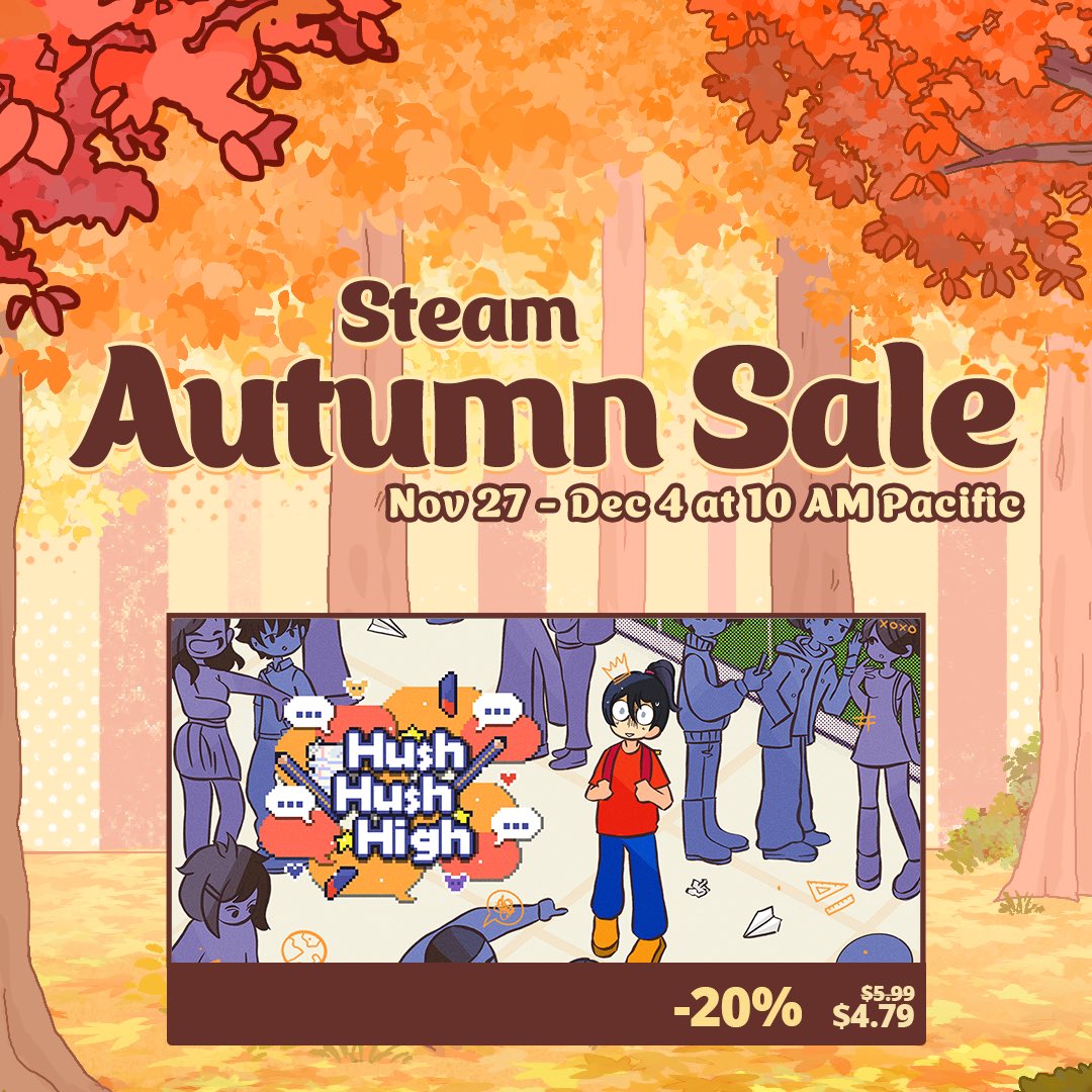 hushhushhigh's tweet photo. Hush Hush High is on SALE!! 💸

Get it during the Autumn sale on #Steam at 20% off!! 🏷️

https://t.co/2K8ofhnA5Q

#indie #autumn #sale #gamedevs https://t.co/oRePTNTB3b