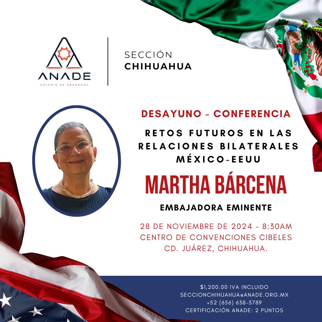 Mañana
DESAYUNO-CONFERENCIA

ANADE Chihuahua recibe a la Embajadora Eminente, Martha Bárcena Coqui, con el tema Retos Futuros en las Relaciones Bilaterales México-EEUU

📆 28/11/24
🕣 8:30 AM (Jrz) 9:30AM (Chih)
🧾 Registro: seccionchihuahua@anade.org.mx
📍 Cibeles / Zoom

#Anade