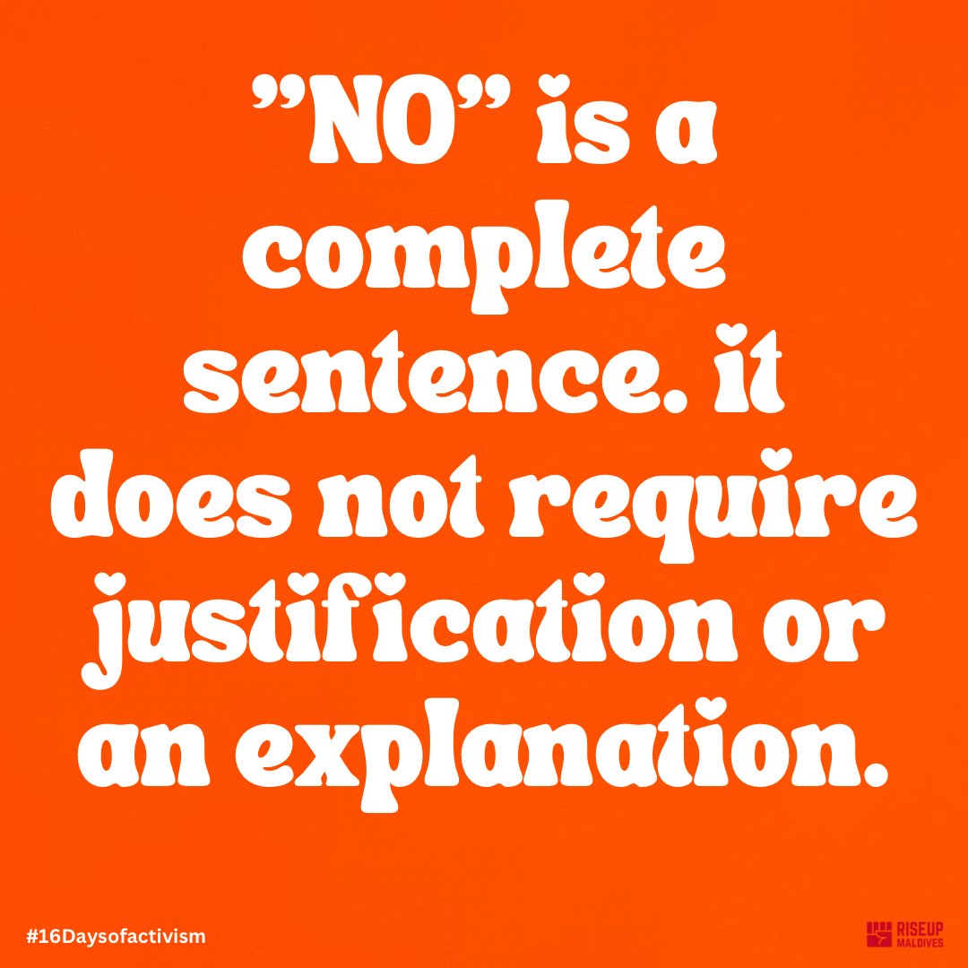 MvRiseUp's tweet photo. No means no. It’s a clear boundary that demands respect, no exceptions. Consent is not up for debate!

#NOmeansNO #16DaysOfActivism #orangetheworld #EndGBV https://t.co/ROVISCKr8M