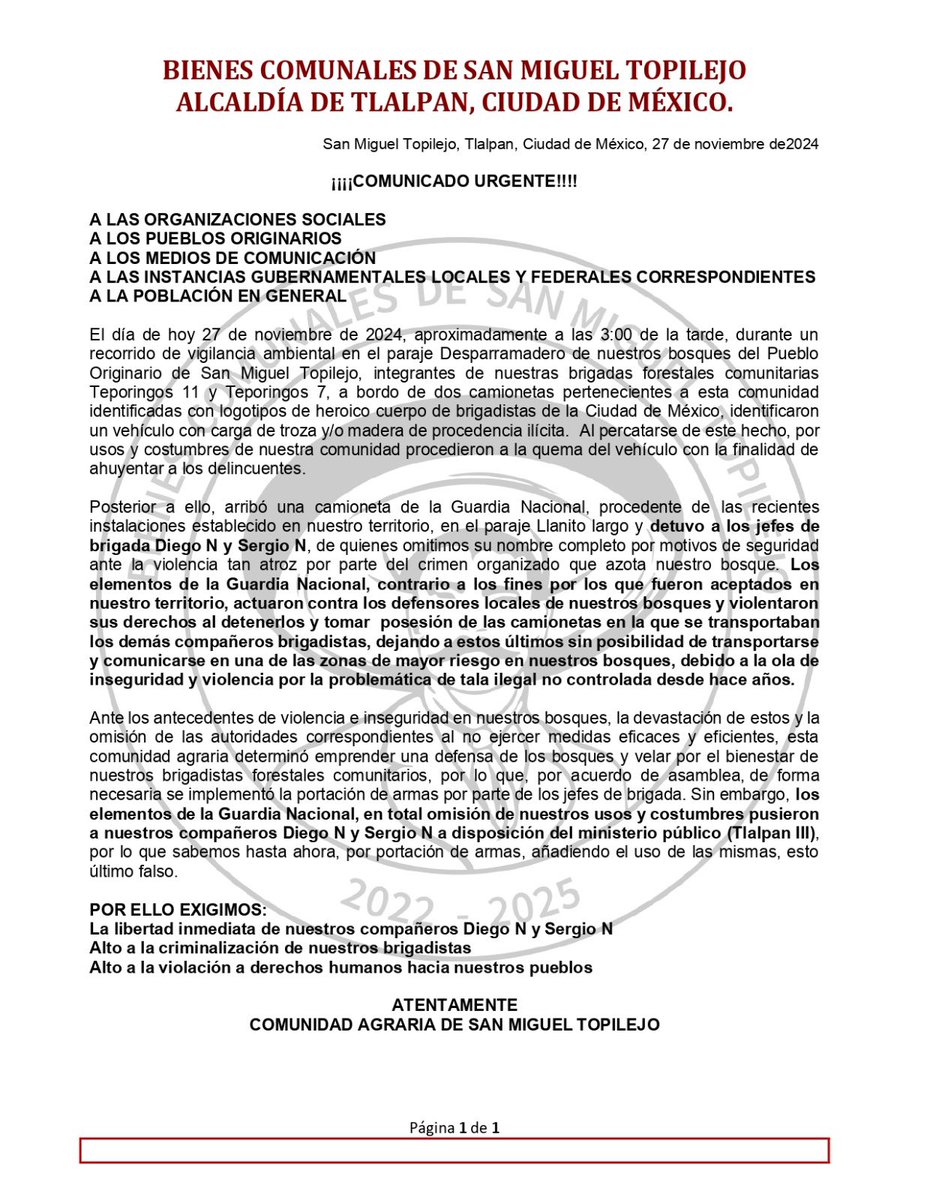 ¡COMUNICADO URGENTE!
GUARDIA NACIONAL DETIENE A  BRIGADISTAS DEFENSORES DEL BOSQUE DEL  PUEBLO ORIGINARIO  DE SAN MIGUEL TOPILEJO
<a href="/ClaraBrugadaM/">Clara Brugada Molina</a> <a href="/Gabyosoriohdz/">Gaby Osorio</a> <a href="/Claudiashein/">Claudia Sheinbaum Pardo</a>