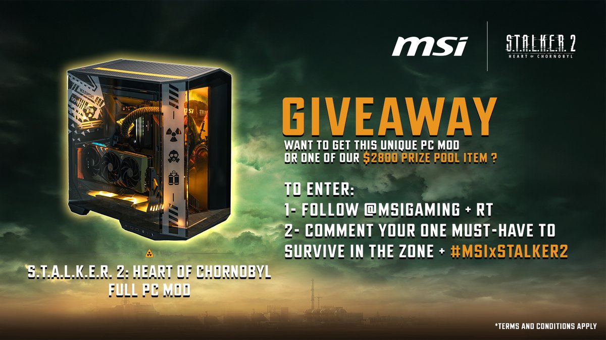 MSI Gaming (@msigaming) on Twitter photo Want this insane PC BUILD ?
or one of our $2800 prize pool item ?
To enter:
1- Follow <a href="/msigaming/">MSI Gaming</a> + RT
2- Comment your one MUST-HAVE to survive in The Zone + #MSIxSTALKER2
More info: msi.gm/MSIxStalker2 Want this insane PC BUILD ?
or one of our $2800 prize pool item ?
To enter:
1- Follow <a href="/msigaming/">MSI Gaming</a> + RT
2- Comment your one MUST-HAVE to survive in The Zone + #MSIxSTALKER2
More info: msi.gm/MSIxStalker2