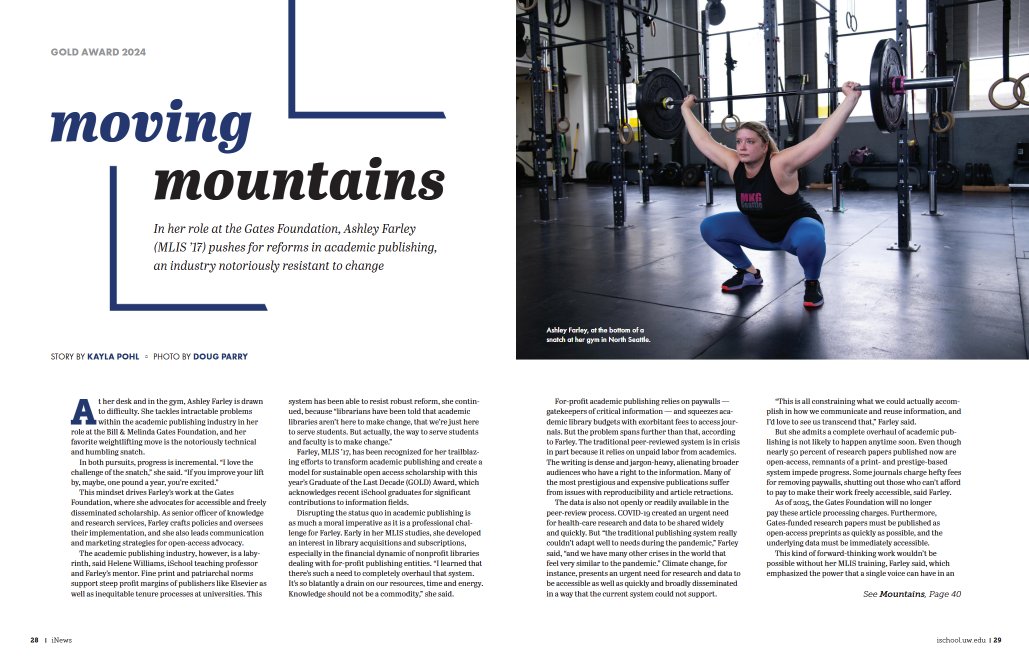 So grateful &amp; humbled to be featured in this article for the UW iSchool's Gold Award for 2024! It’s an honor to be recognized for the work I’m doing at the <a href="/gatesfoundation/">Gates Foundation</a> . #OpenAccess #LibrariansWhoLift #ScientistsWhoLift 
issuu.com/uwischool/docs…