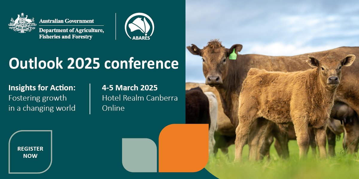 ⏰ You better get moooving! 🐄

ABARES Outlook 2025 conference super early bird specials close this Friday 5pm (AEDT).

Secure your spot at a super discounted rate now.

👉 Visit: agriculture.gov.au/event/abares-o…