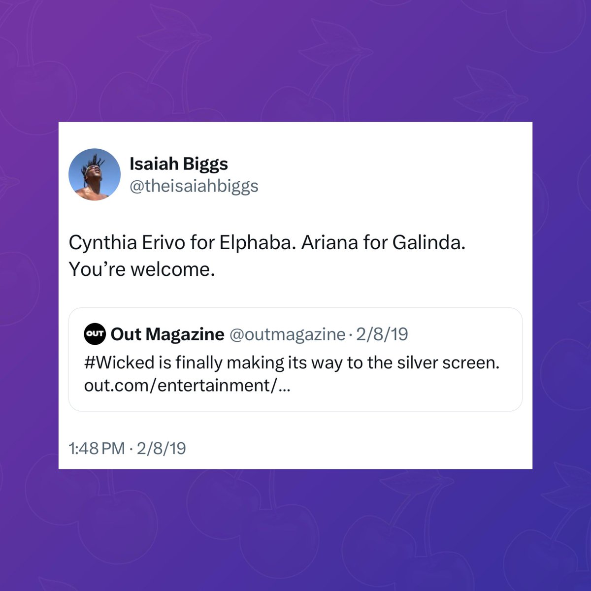 PopBase's tweet photo. A resurfaced tweet from 2019 predicted Ariana Grande and Cynthia Erivo’s casting in ‘Wicked.’

It was tweeted on the day Ariana Grande released ‘thank u, next.’ https://t.co/UmhJu0St4m
