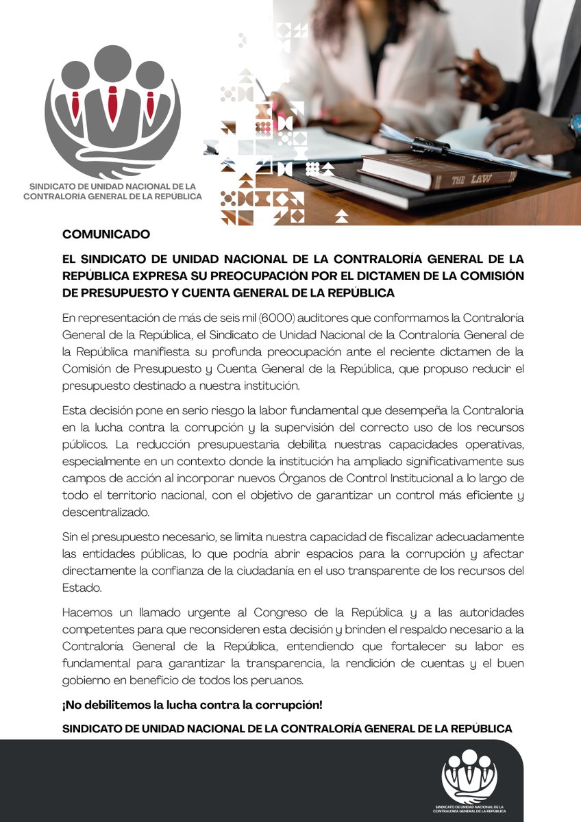 SUNCGR_PE's tweet photo. Comunicado SUNCGR 📢
¡No debilitemos la lucha contra la corrupción en nuestro país! 💪🏾
¡Infórmate, afíliate y comparte!
#Peru #corrupción https://t.co/jnWtJSBtv3