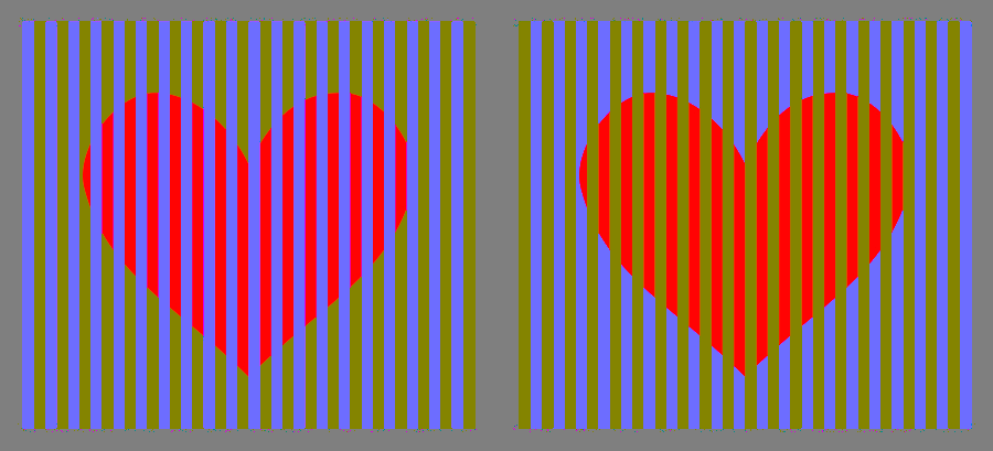 The left heart appears pink while the right one appears orange, though they are the same red color.