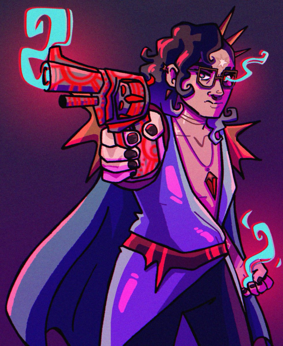 been a hot couple of months since i did a proper digital drawing but here he is. art. and his totally not cursed gun. yup. he continues to make horrible decisions with that thing. they've yet to take it away from him somehow!!