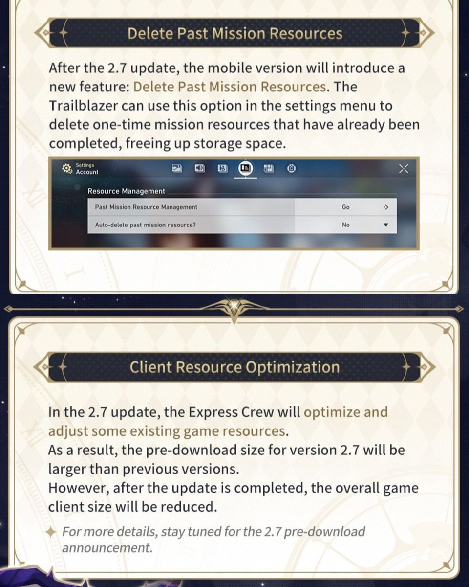 StarRailVerse1's tweet image. (2.7) Storage optimizations:

-Delete Past Mission Resources 
-Client Resource Optimization 

#HonkaiStaRrail