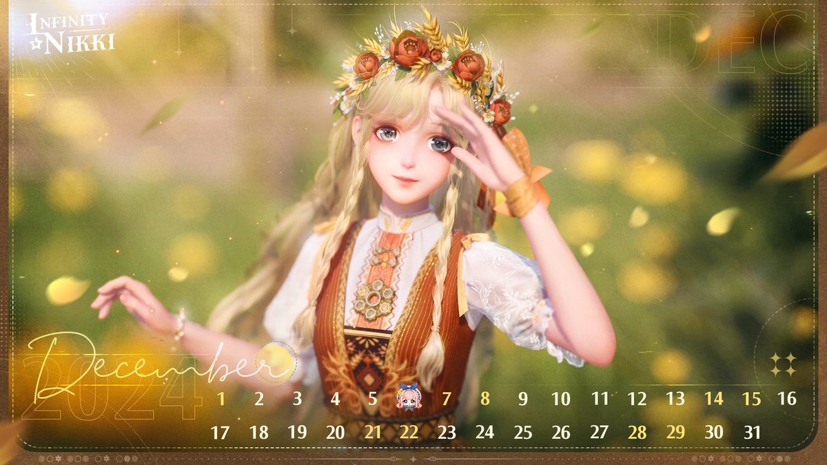 InfinityNikkiEN's tweet photo. INFINITY Whimsical Treasure✨
[December 2024 Calendar]

"Hefty grains speak of the earth's blessings. This is a song of the tiller, and a crown of the harvest."
"As long as the windmill turns, messages from our homeland will surely reach us..."

Dear Stylists, here's the calendar for December 2024!
May a blanket of snow this winter bring us the promise of a joyful harvest next year.
——
The Coziest Open-World Game
Infinity Nikki Officially Releases on December 5!
➤ Pre-register Now:  https://t.co/30AcRL0uSm
➤ Join us on Discord:  https://t.co/QvZPw1gJOV

#InfinityNikki