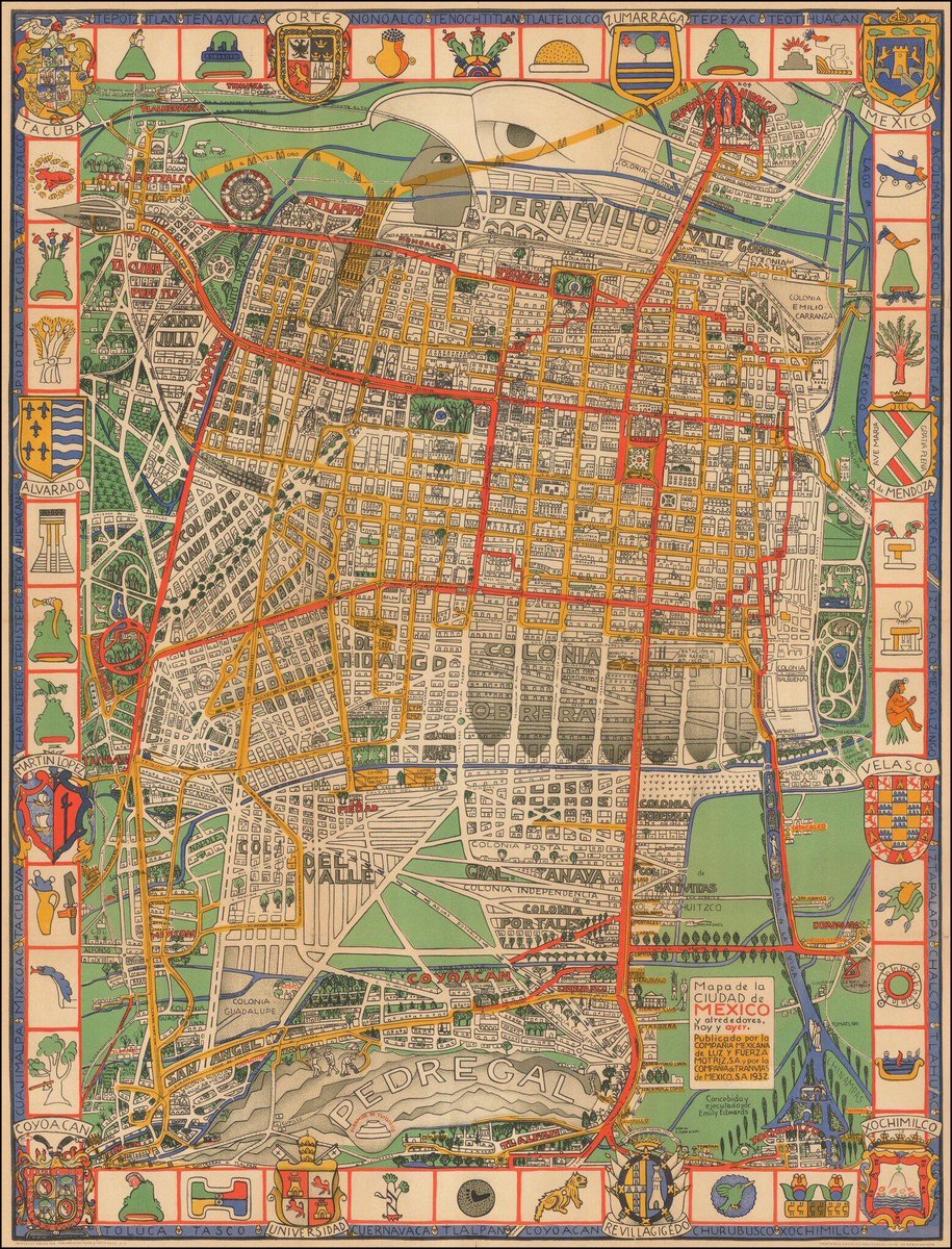 Mapa de la Ciudad de México y alrededores del año de 1932, realizado por la Compañía Mexicana de Luz y Fuerza Motriz, y la Compañía de Tranvías de México SA. Se aprecian las colonias de aquellos años, Roma, Hidalgo, Obrera, Juárez, San Rafael, Cuauhtémoc, entre otras. Qué otros