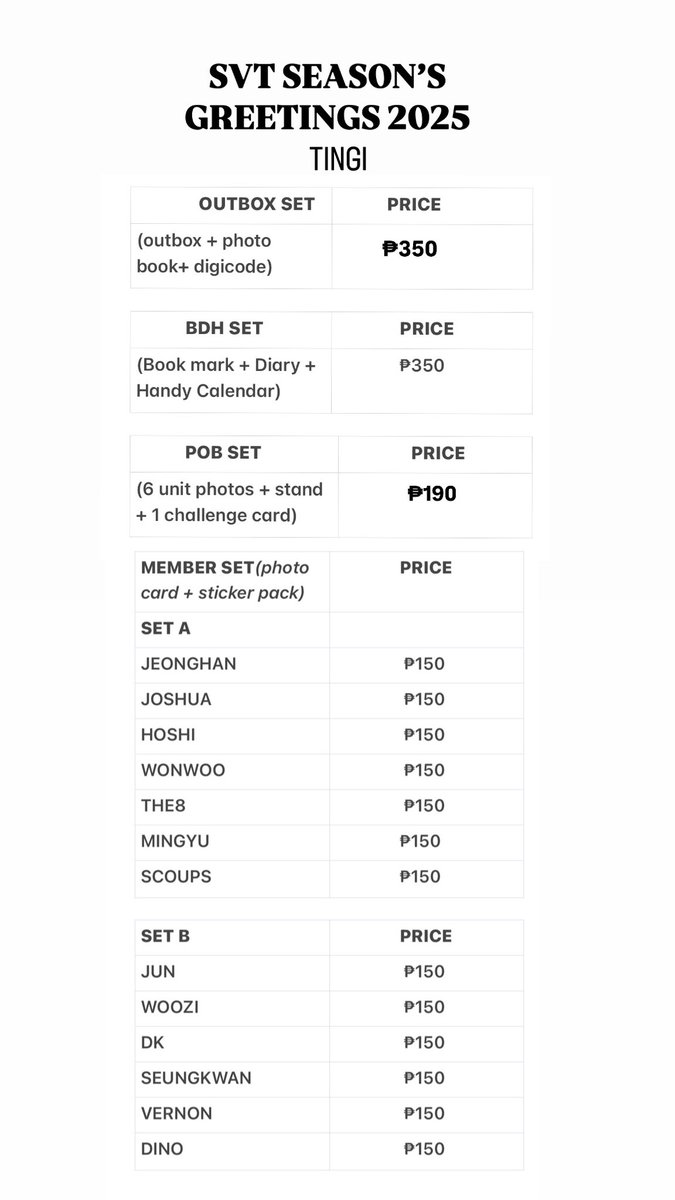 PH GO | YUECART | WTS LFB 

seventeen svt season's greetings 2025 hatian/tingi/pasabuy

dp; 50%
rembal: once onhand

-sfeta
- prio taking other inclu
- set a + set b (1:1)
- must take all to push thru

reply mine + item / member