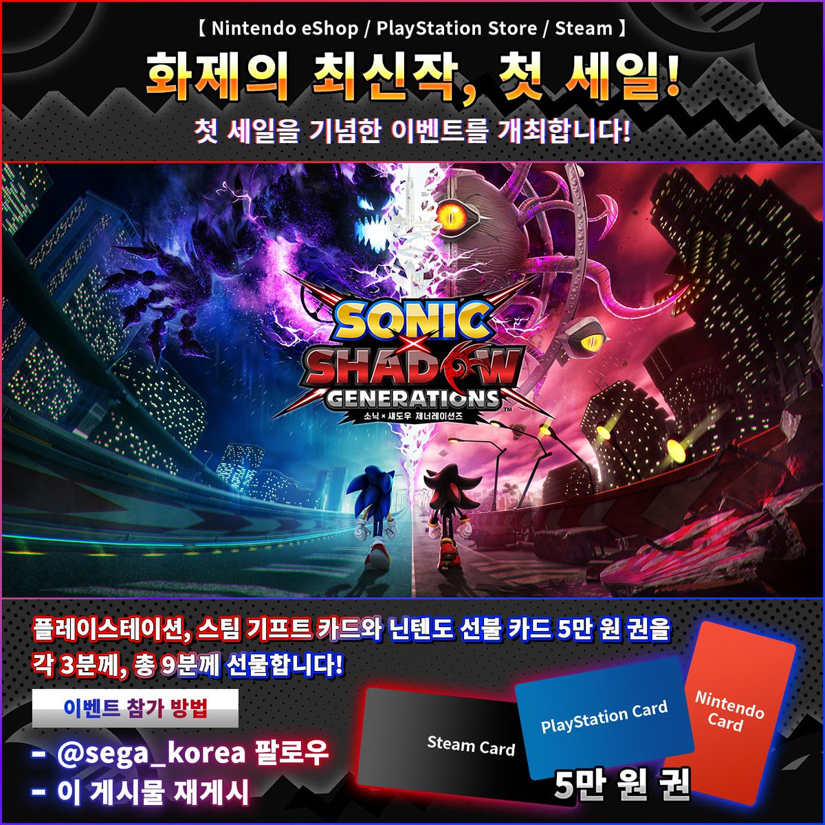 화제의 최신작 『소닉x섀도우 제너레이션즈』
첫 세일을 기념하여 이벤트를 개최합니다!

<a href="/sega_korea/">세가퍼블리싱코리아</a> 팔로우 + 재게시 하기만 하면 참여 완료!
추첨을 통해 아래와 같은 상품을 드립니다🤩

플레이스테이션 기프트 카드 5만원 권 x 3명
스팀 기프트 카드 5만원 권 x 3명
닌텐도 선불 카드 5만원 권 x