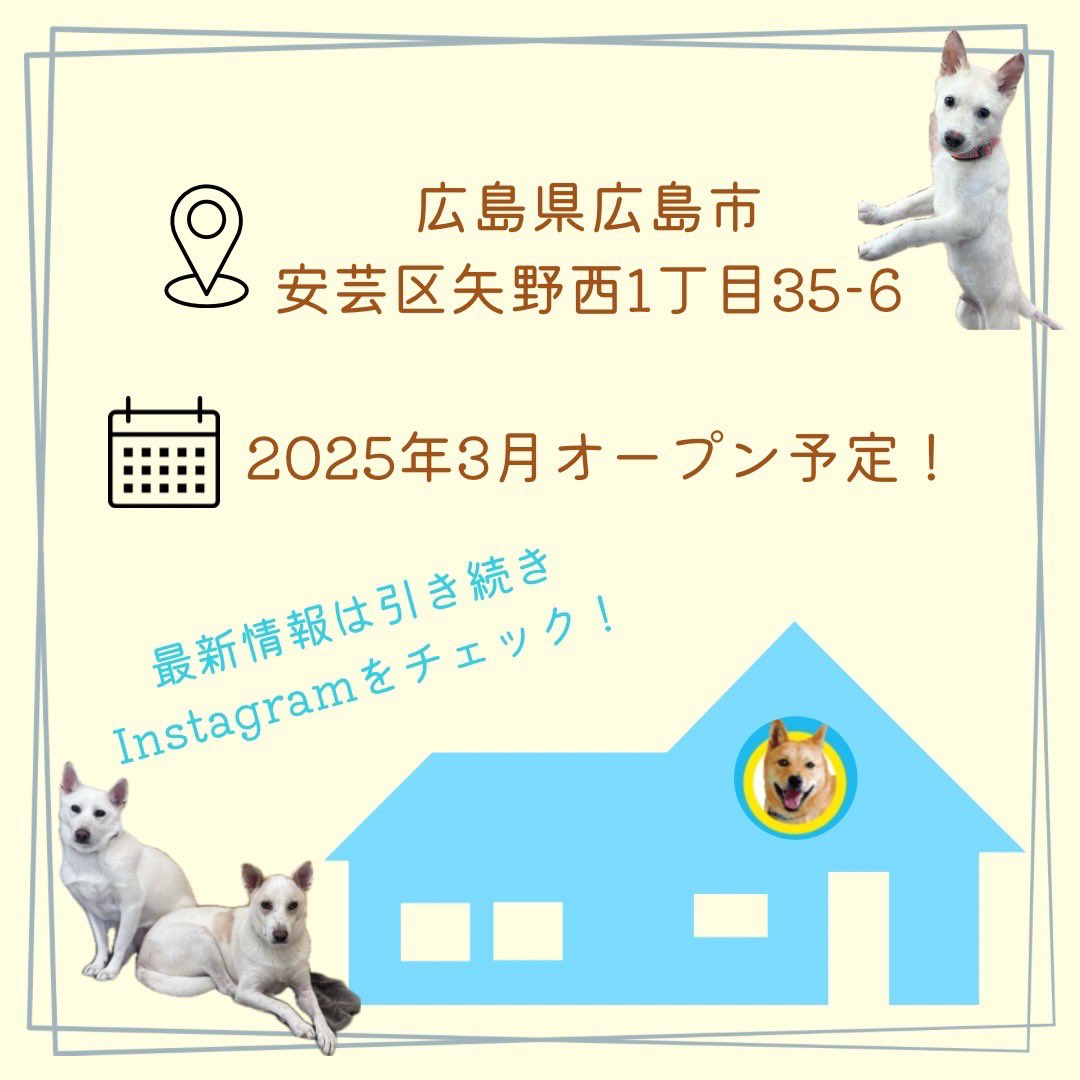 pwj_hiroshima's tweet photo. 🌟移転のお知らせ🌟

ピースワンコ・ジャパン広島譲渡センターはマリーナホップ閉館に伴い、
2024年12月1日をもって、一旦閉店となります。
2025年3月頃リニューアルオープンとなります!!

@PeaceWankoJapan 

https://t.co/fWXHchWlyS https://t.co/JddL1PsERG