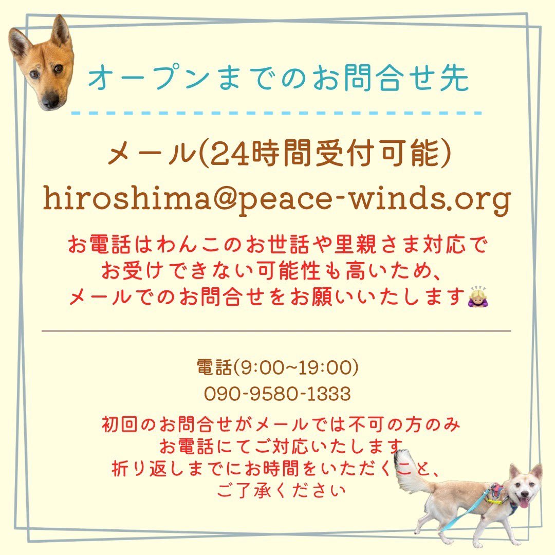 pwj_hiroshima's tweet photo. 🌟移転のお知らせ🌟

ピースワンコ・ジャパン広島譲渡センターはマリーナホップ閉館に伴い、
2024年12月1日をもって、一旦閉店となります。
2025年3月頃リニューアルオープンとなります!!

@PeaceWankoJapan 

https://t.co/fWXHchWlyS https://t.co/JddL1PsERG