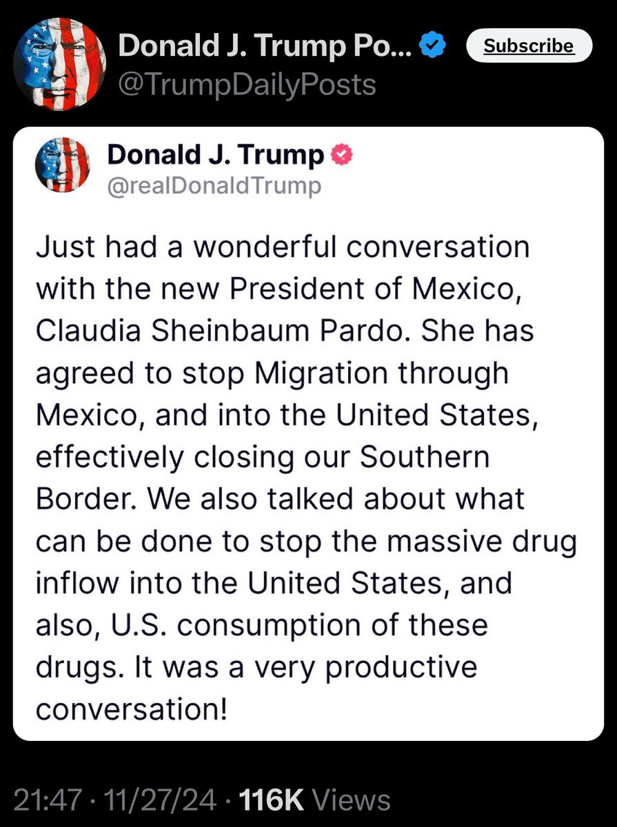 OliviaTroye's tweet photo. Translation for Donald Trump: 
Just had a conversation with the President of Mexico who didn’t allow me to bully her, which left me confused about my charm…she pointed out that this is very bad…very bad for me if I do these tariffs… https://t.co/2IExtfKTVa