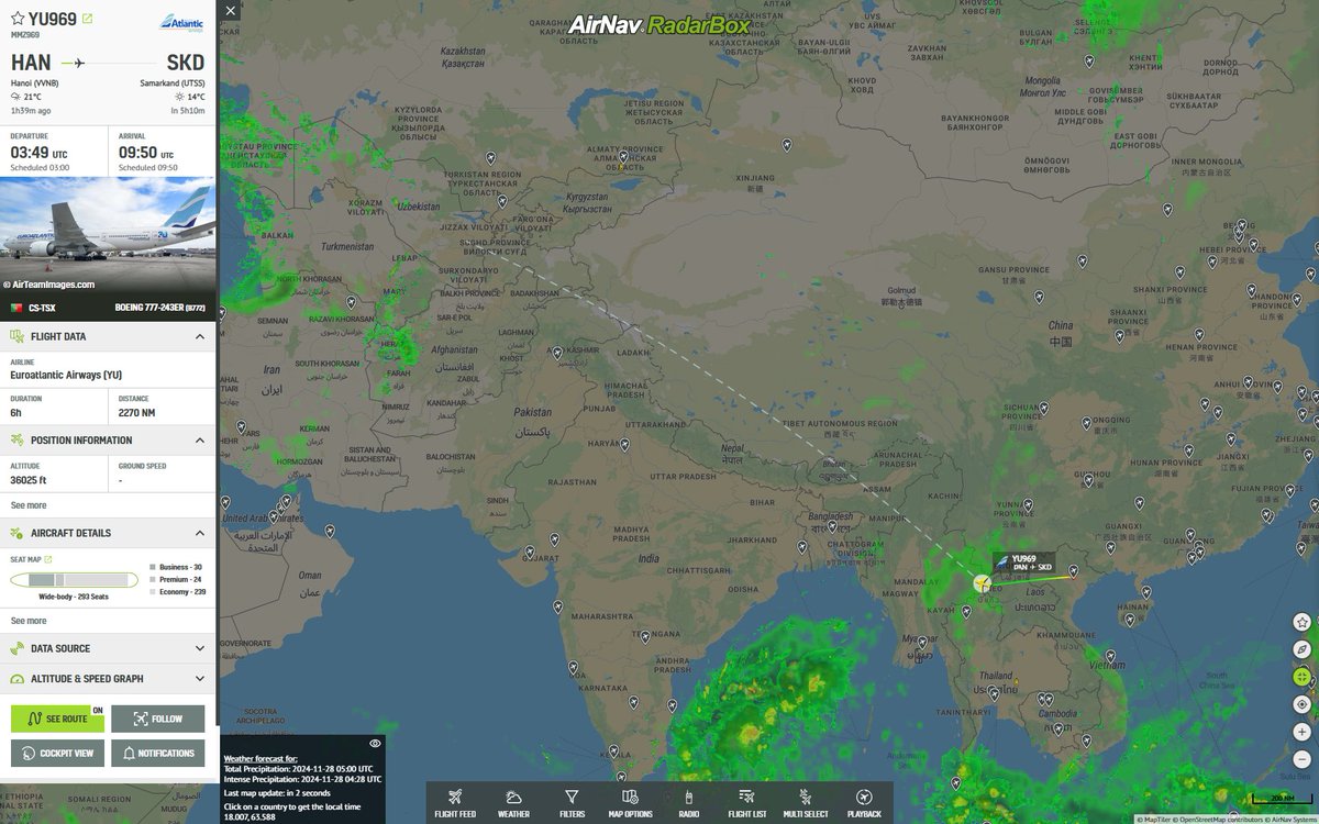 AirNavRadar's tweet photo. 🌍 #AroundTheWorldJourney | euroAtlantic airways' Boeing 777-200ER is en route to Samarkand from Hanoi✈️
🔗 Follow updates on LinkedIn: https://t.co/HGXz3A4TF9
🛰️ Track live: https://t.co/hPvXZ5qAyl
📖Read more: https://t.co/MejOTxALaS
#EuroAtlantic #RoundTheWorld
#Boeing777 #FlightTracking #Aviation