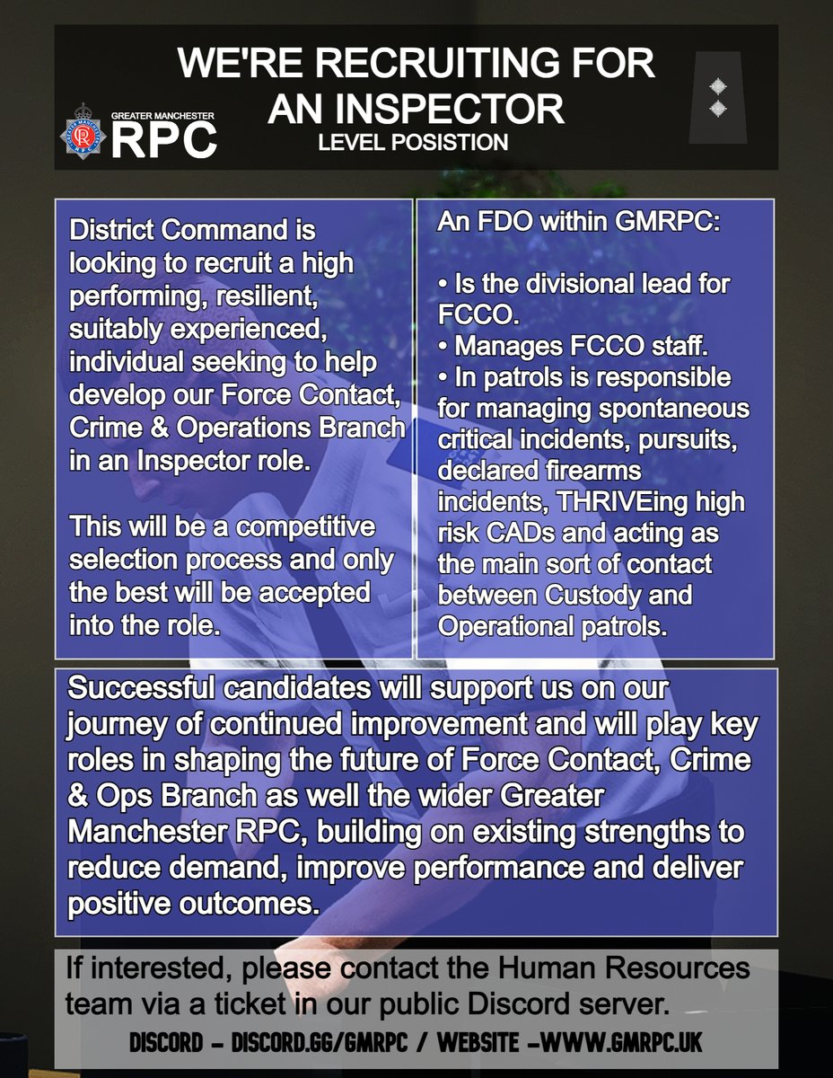 #Recruitment | We are now recruiting for an Inspector level position in our our Control Centre. 🎧

 Does managing pursuits and firearms incidents sound like your cup of tea? Open a ticket in our discord🙂

#Recruitment #GMRPC #FiveM #RPC