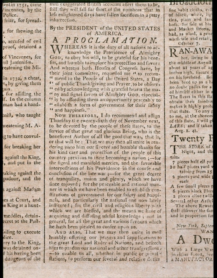 JerryDunleavy's tweet photo. George Washington’s Thanksgiving Proclamation of 1789: “Whereas it is the duty of all Nations to acknowledge the providence of Almighty God, to obey his will, to be grateful for his benefits, and humbly to implore his protection and favor — and whereas both Houses of Congress have by their joint Committee requested me to recommend to the People of the United States a day of public thanksgiving and prayer to be observed by acknowledging with grateful hearts the many signal favors of Almighty God especially by affording them an opportunity peaceably to establish a form of government for their safety and happiness. Now therefore I do recommend and assign Thursday the 26th day of November next to be devoted by the People of these States to the service of that great and glorious Being, who is the beneficent Author of all the good that was, that is, or that will be — That we may then all unite in rendering unto him our sincere and humble thanks — for his kind care and protection of the People of this Country previous to their becoming a Nation — for the signal and manifold mercies, and the favorable interpositions of his Providence which we experienced in the course and conclusion of the late war — for the great degree of tranquility, union, and plenty, which we have since enjoyed — for the peaceable and rational manner, in which we have been enabled to establish constitutions of government for our safety and happiness, and particularly the national One now lately instituted — for the civil and religious liberty with which we are blessed; and the means we have of acquiring and diffusing useful knowledge; and in general for all the great and various favors which he hath been pleased to confer upon us. And also that we may then unite in most humbly offering our prayers and supplications to the great Lord and Ruler of Nations and beseech him to pardon our national and other transgressions — to enable us all, whether in public or private stations, to perform our several and relative duties properly and punctually — to render our national government a blessing to all the people, by constantly being a Government of wise, just, and constitutional laws, discreetly and faithfully executed and obeyed — to protect and guide all Sovereigns and Nations (especially such as have shewn kindness unto us) and to bless them with good government, peace, and concord — To promote the knowledge and practice of true religion and virtue, and the encrease of science among them and us — and generally to grant unto all Mankind such a degree of temporal prosperity as he alone knows to be best. Given under my hand at the City of New York the third day of October in the year of our Lord 1789.”