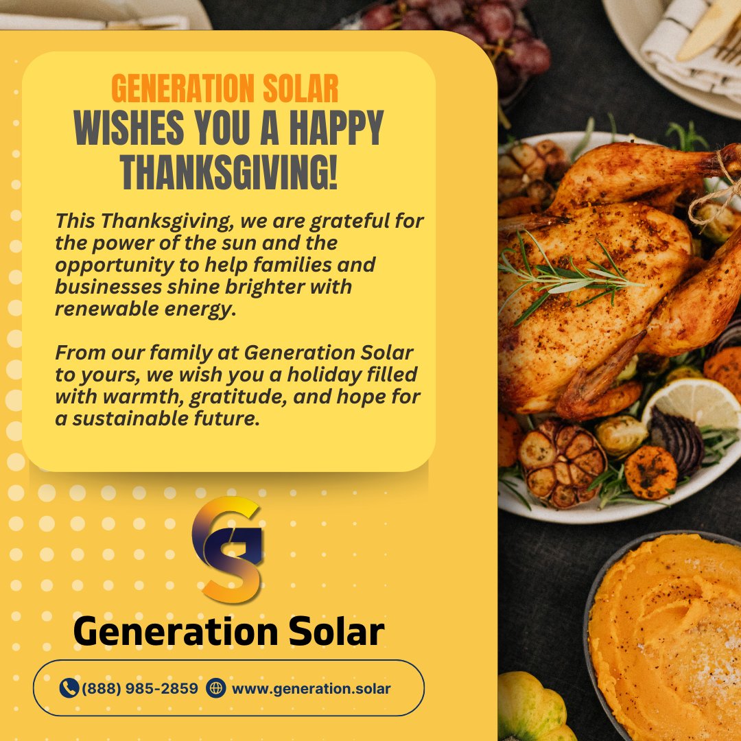 This Thanksgiving, we want to express our gratitude to YOU—our clients, partners, and supporters who make our journey at Generation Solar meaningful. Together, we're creating a brighter, greener, and more sustainable future.