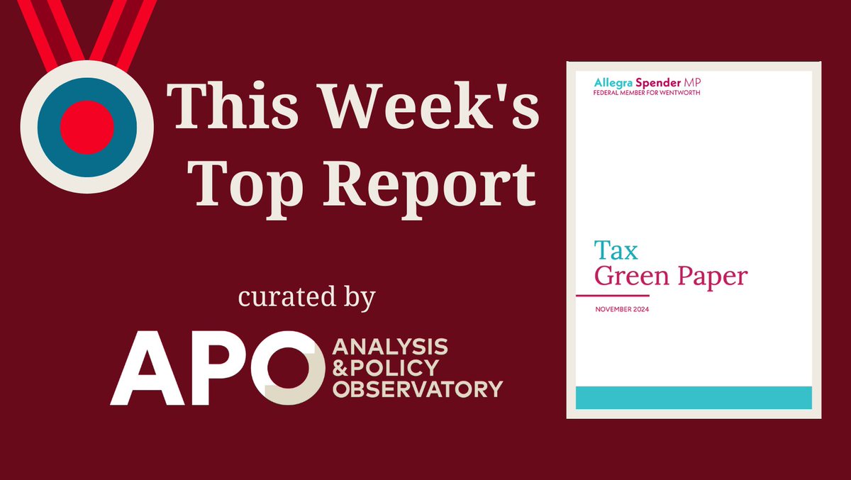 This Week’s Top Report is: Tax Green Paper 
➡️ apo.org.au/node/329119 by <a href="/spenderallegra/">Allegra Spender</a>  

An independent approach to tax reform that sets out to build consensus on the need for change, and encourage debate on how best to achieve it.