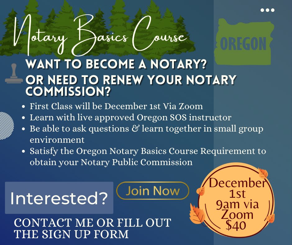 SAScheduler's tweet image. 🚨A few Spots left! 🚨Join Us!!

Oregon🌲Notary Basics class December 1st at 9am via Zoom 💻
➡️Taught by Oregon SOS Approved  Instructor 
➡️practice Notary skills
Interested? Or have Questions? DM me or Fill out the form 🔗 lnkd.in/dJraTBDX