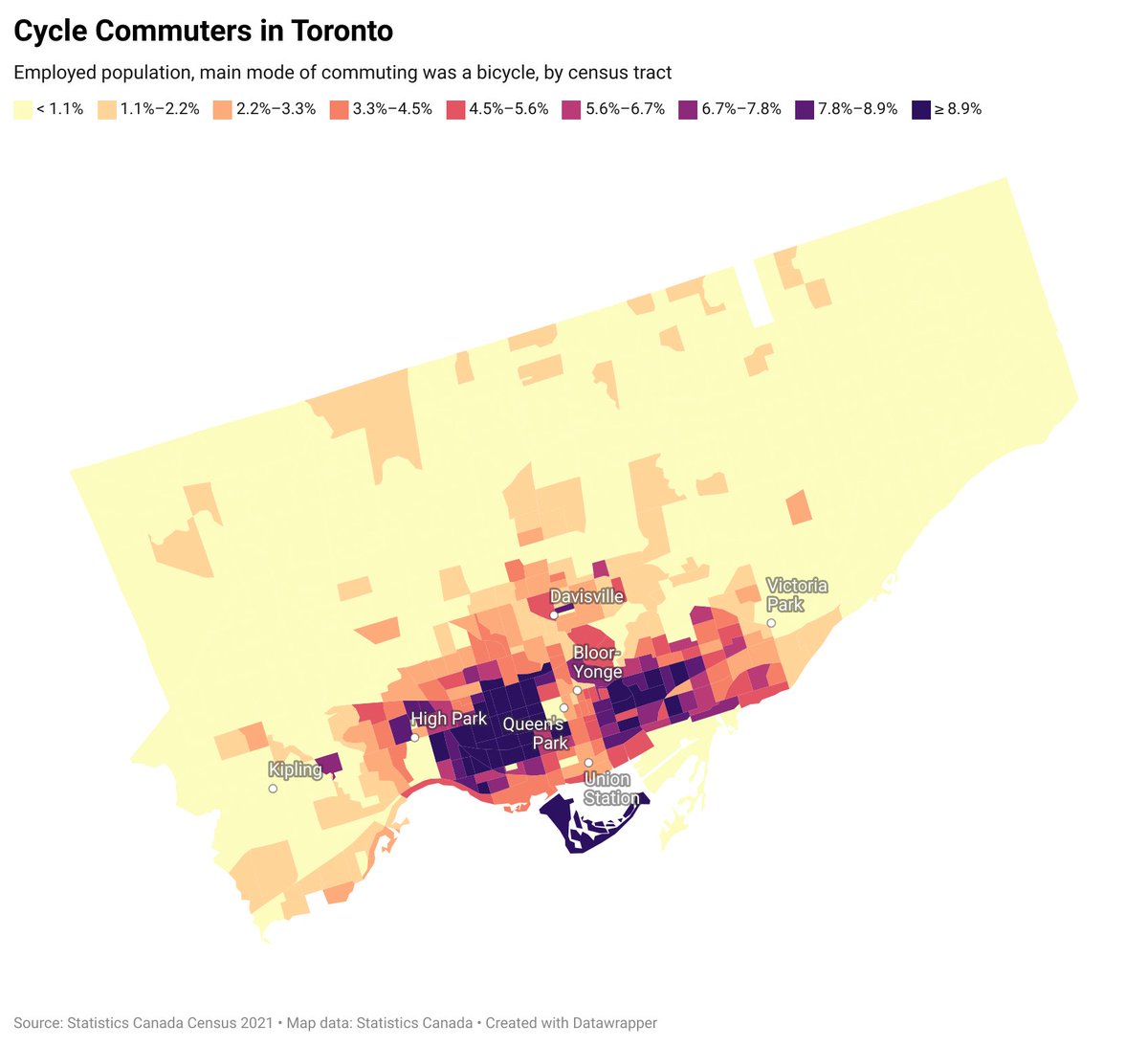<a href="/robertbenzie/">Robert Benzie</a> <a href="/TorontoStar/">Toronto Star</a> I made a quick Datawrapper map w 2021 Census data. In my neighbourhood, around 13% of people bike to work. The highest were Toronto Island (33%), Little Italy (19%), and Dufferin Grove (18%). And this is probably an undercount of where we are in 2024.

datawrapper.de/_/xMPpK/
