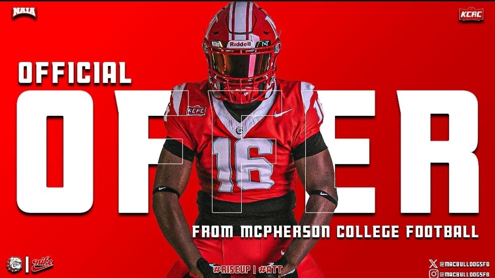 Wow! #AGTG Blessed to receive my 1st offer to <a href="/MACBulldogsFB/">McPherson Football</a> ! Going to keep grinding!💪
<a href="/CoachLeppke/">Mitch Leppke</a>
<a href="/RC_Bulldogs/">Royse City Football</a> 
<a href="/CoachColvin7/">Andrew Colvin</a> 
<a href="/CoachJudie5372/">Coach Judie</a>
<a href="/RCISDAthletics/">Royse City ISD Athletics</a> 
<a href="/Coach_Owens5/">Radarius Owens (Coach 🅾️)</a> 
<a href="/ROCOgameday/">Rockwall County Gameday</a> 
@GNBilly25