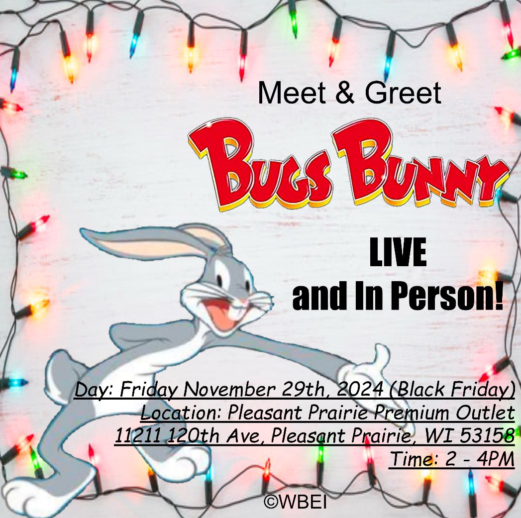 samstermadness1's tweet photo. This Friday, I’m pleased to announce that Bugs Bunny WILL be going to the Pleasant Prairie Premium Outlet Mall for Black Friday, and to ring the bell for the Salvation Army. We look forward to seeing you on Friday in person! :D
#bugsbunny #meetandgreets https://t.co/vjn2BpRnMK