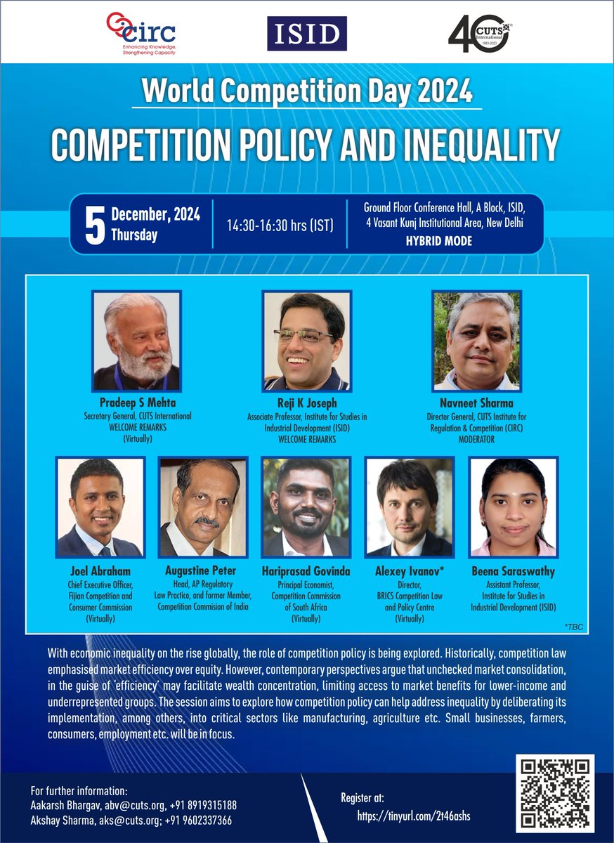 CUTS CCIER (@cuts_ccier) on Twitter photo Listen to Experts talk about "#Competition #Policy and #Inequality" on December 05, 2024 in New Delhi at 14:30 hrs (IST)
Registration link: tinyurl.com/2t46ashs
#CUTSInternational
<a href="/Psm_cuts/">Pradeep  S. Mehta</a> <a href="/CUTSInstitute/">CIRC</a> <a href="/CUTSGlobal/">CUTS Global Affairs</a>  <a href="/CUTS_Nairobi/">CUTS Nairobi</a> <a href="/CUTS_CITEE/">CUTS CITEE</a> <a href="/CUTS_Lusaka/">CUTS Lusaka</a> <a href="/sharma_navneet/">Navneet Sharma</a> Listen to Experts talk about "#Competition #Policy and #Inequality" on December 05, 2024 in New Delhi at 14:30 hrs (IST)
Registration link: tinyurl.com/2t46ashs
#CUTSInternational
<a href="/Psm_cuts/">Pradeep  S. Mehta</a> <a href="/CUTSInstitute/">CIRC</a> <a href="/CUTSGlobal/">CUTS Global Affairs</a>  <a href="/CUTS_Nairobi/">CUTS Nairobi</a> <a href="/CUTS_CITEE/">CUTS CITEE</a> <a href="/CUTS_Lusaka/">CUTS Lusaka</a> <a href="/sharma_navneet/">Navneet Sharma</a>