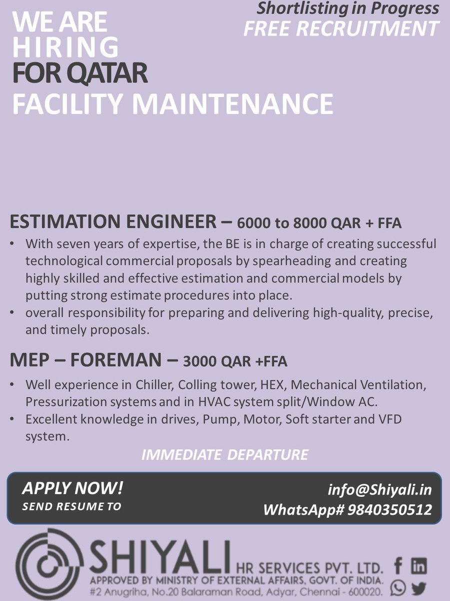 HR_SHIYALI's tweet image. #ESTIMATIONENGINEER #QATAR #MEPFOREMAN #FACILITYMANAGEMMENT
