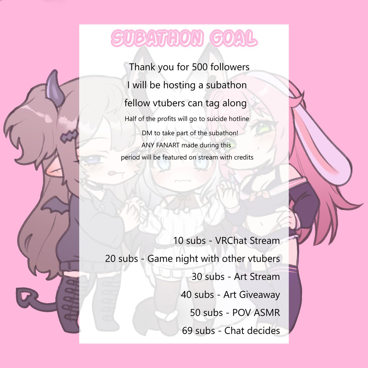 Thank you for 500 followers🫶

As a thank you I will be hosting a subathon. Fellow Vtubers can join in with me. Half of the profits will be going into Suicide Hotline. 

♡ and ↻ would help a lot!

🎨@sleepinky_

♡ #VTuber ┊ #VTubers ┊#ENVTuber┊#VTubersUprisings ┊#Twitch ♡
