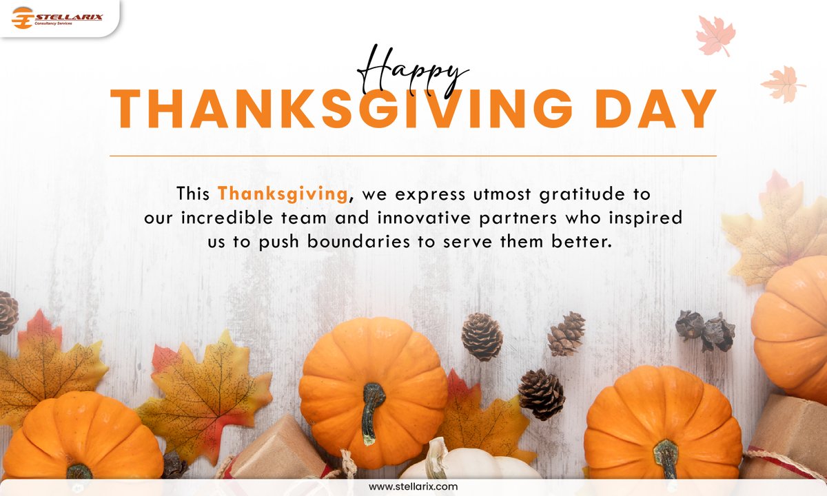 Stellarix's tweet photo. As we celebrate Thanksgiving, we are filled with immense gratitude and joy in expressing our heartfelt thanks, proudly marking the incredible milestone of #15YearsOfStellarix
#Stellarix #StellarixConsultancyServices #HappyThanksgiving https://t.co/aJtH6XwpZF