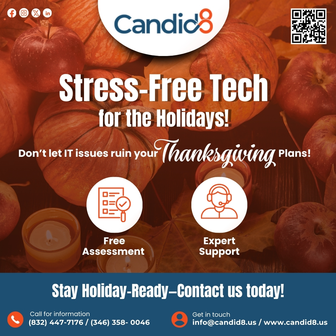 candid8_us's tweet image. 🎉🍂 Keep your holidays stress-free with Candid8 Don&apos;t let IT issues ruin your Thanksgiving plans. Enjoy expert support and free assessments to ensure your tech is holiday-ready. Contact us today! 📞     #TechSupportOnDemand #HolidayTechHelp #ExpertITSupport #ThanksgivingTechTips